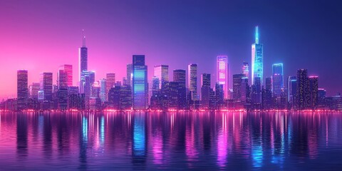 Fototapeta premium Futuristic City Skyline at Night with Neon Lights and Reflection