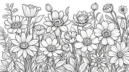 Intricate line art depicting a lush bouquet various flowers, including daisies, tulips, anemones.