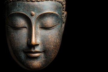 No Gym Yoga Concepts. Buddha sculpture with serene expression against a dark background.
