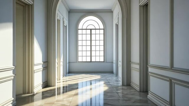 Bright minimalist hallway with white walls, leading to an open window with soft natural light streaming in.