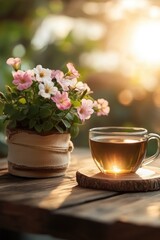Fototapeta premium Morning Serenity: Warm Sunlight, Fresh Tea, and Blooming Flowers on Rustic Wooden Table