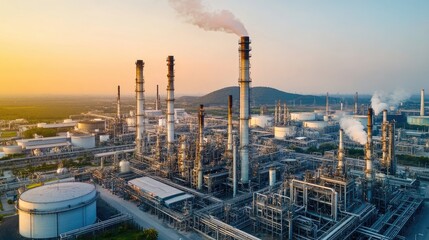 Aerial View of Oil Refinery at Sunrise with Smokestacks and Tanks