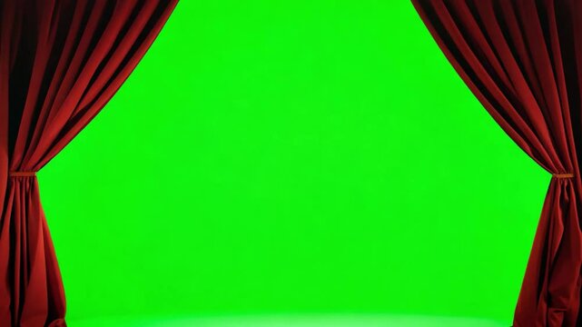 Theatrical Stage with Green Screen: A dramatic red curtain frames an empty green screen, ready for any content or performance