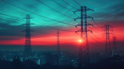 Fototapeta premium Vibrant Sunset Over Cityscape with Electric Towers Silhouette