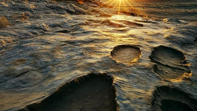 Fossilized dinosaur footprints preserved in rocky surface, wide-angle view of natural site, warm natural light enhancing prehistoric atmosphere, rugged terrain