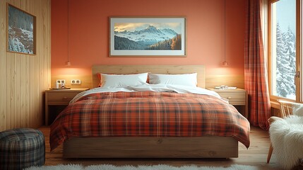 Cozy mountain bedroom with warm colors and a rustic touch.  A comfortable bed with a plaid comforter, wooden furniture, and a view of snowy mountains