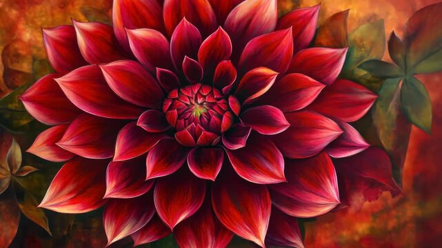 Deep red dahlia with perfectly layered petals, set against a background of blurred garden foliage.