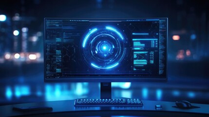 Obraz premium Futuristic Computer Monitor Displaying Data Visualization Interface