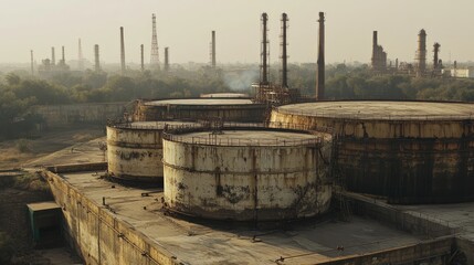 Naklejka premium Industrial Landscape with Storage Tanks and Smokestacks at Dusk