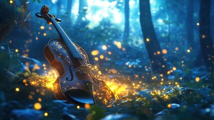 Fototapeta premium A wooden violin rests in an enchanting and magical forest scene