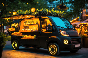 Fototapeta premium Urban Night Bakery Truck with Illuminated Pastries in Vibrant City Park Setting