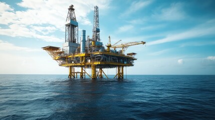 Offshore oil rig in calm sea under clear blue sky at sunset