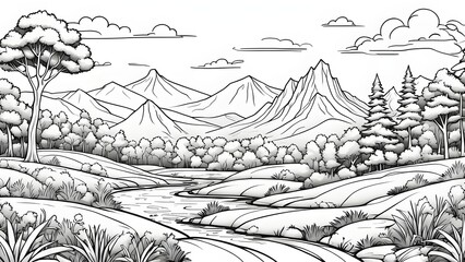 Fototapeta premium Black white illustration a serene river flowing through a valley surrounded lush forests majestic mountains.