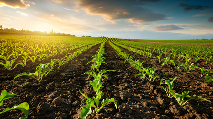 Lush green cornfield stretching towards the horizon under a vibrant sunset sky, symbolizing growth
