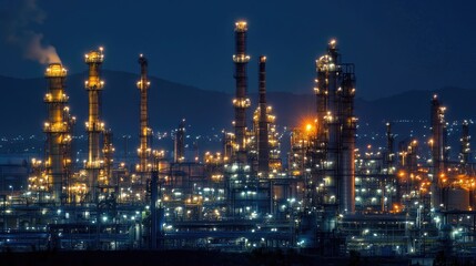 Nighttime Industrial Complex with Illuminated Refineries and Smokestacks
