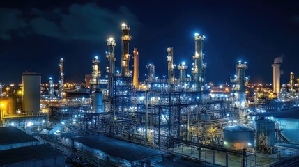 Nighttime Industrial Scene with Illuminated Structures and Machinery