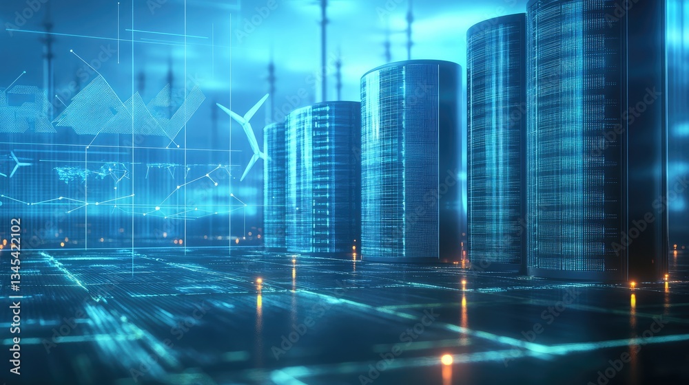Poster futuristic data center with digital graphs and high-tech elements