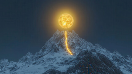 A radiant glowing orb hovering above a mountain peak, its energy dripping down like molten light, creating a river of pure luminescence