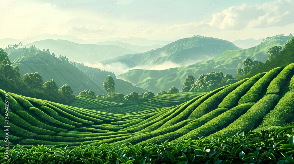 Aufkleber breathtaking view of lush green tea plantations with rolling hills and clouds in the background. gen