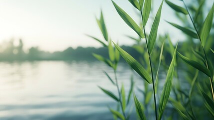 Obraz premium Lush Green Leaves Near Calm Water in Morning Light
