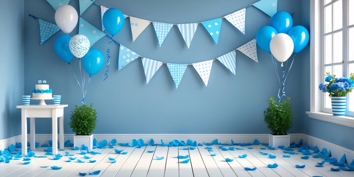 Minimalist birthday party or gender reveal with pastel and baby blue theme featuring white and blue balloons and confetti in a stylish interior design interior design idea