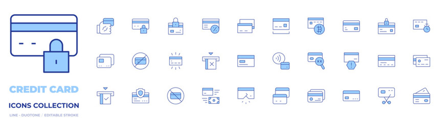 Credit card icons collection. Line Duotone style, editable stroke. secure payment, warning, atm, credit card, cvv, timer, cut, contactless, exchange, bankruptcy, card