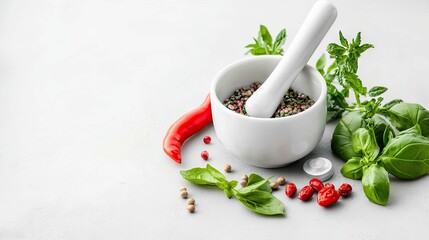 Fresh herbs and peppercorns in mortar, cooking preparation, kitchen counter, gray background. Food photography for recipe blogs