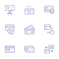 Credit card icons set. Thin Line style, editable stroke. bankruptcy, atm, credit card, cut, card
