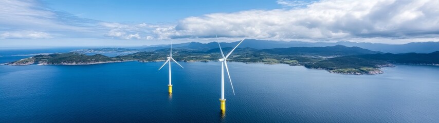 Aerial View of Wind Turbines in Coastal Landscape under Blue Sky