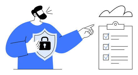 Man holding shield with lock, pointing to checklist under cloud. Ideal for cybersecurity, data privacy, cloud hosting, compliance, protection, online safety policy management. Flat simple metaphor