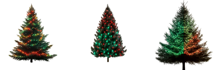 set of A Christmas tree with green and red lights, isolated on a transparent background png
