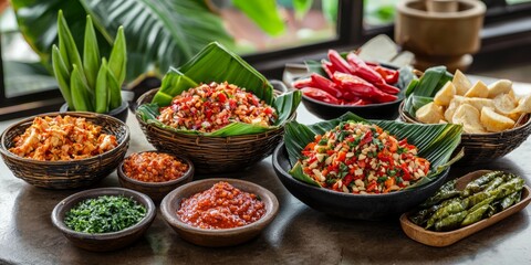 Fototapeta premium Colorful Selection of Fresh Vegetables and Spicy Dishes on Table