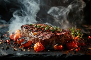 artfully plated grilled wagyu steak with charred seasonal vegetables smoky atmosphere dramatic food photography