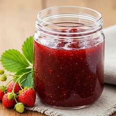 Isolated Glass Jar Brimming with Homemade Strawberry Jam, Accompanied by Fresh Strawberries Close Up.