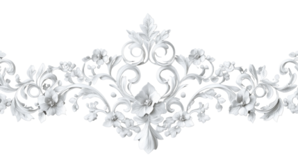 White floral ornament border on transparent background with swirling leaves and flowers