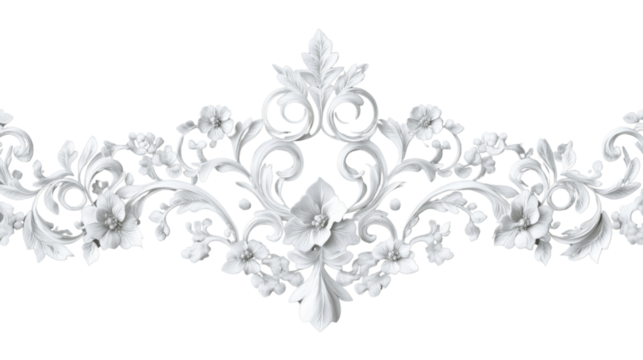 White floral ornament border on transparent background with swirling leaves and flowers