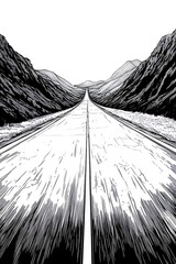 Dramatic Mountain Road Perspective Black and White Illustration in Comic Book Style with Intense Speed