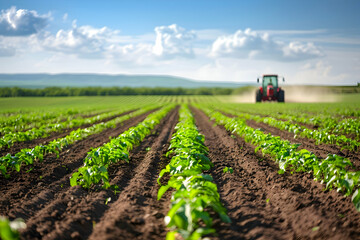 Obraz premium Vibrant green crops growing in rows with a tractor plowing in the background under a blue sky