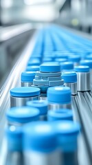 Obraz premium Factory Conveyor Belt for Blue Caps, Production Line.