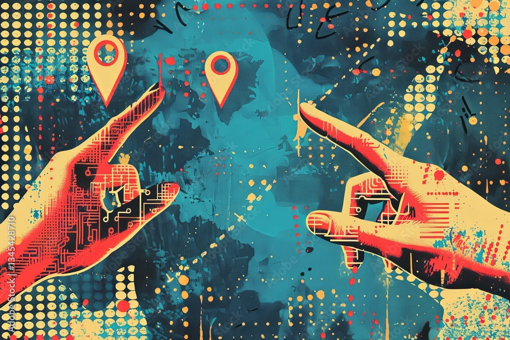Fototapete Trendy halftone collage of hands pointing to location pins in a contemporary GPS navigation design Generative AI