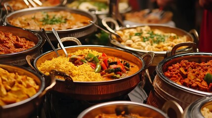 Fototapeta premium Indian wedding buffet with traditional food dishes and colorful decor