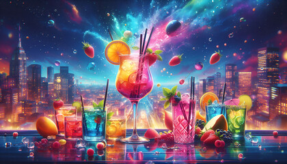 Obraz premium Bright Colorful Cocktails with Fruits and Neon Lights