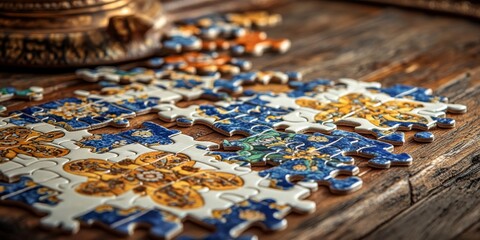 Puzzle pieces forming intricate floral patterns on rustic wooden table