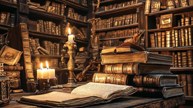ancient library filled with scrolls and manuscripts, dim candlelight, rich wooden shelves, atmosphere brimming with secrets and lost knowledge