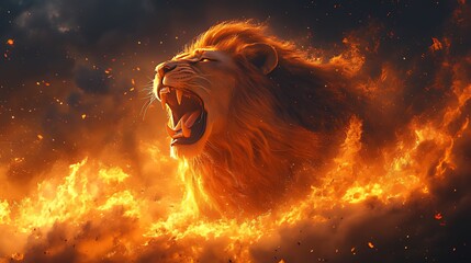 Fiery Lion Roaring, Inferno Background, Mythical Beast, Game Design