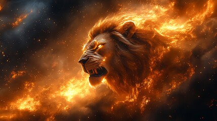 Naklejka premium Fiery Lion Roaring, Cosmic Background, Fantasy Art