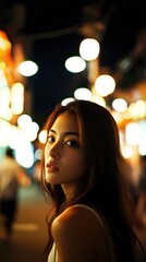 Young woman with long dark hair in a nighttime urban setting with bokeh lights