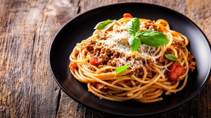 Italian Cuisine: Spaghetti Bolognese with Parmesan and Basil on Black Plate, Wooden Background