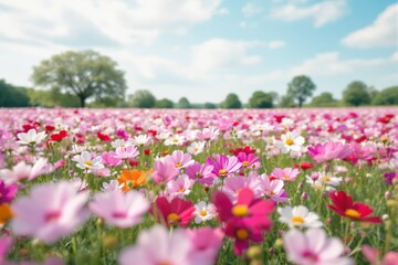 Obraz premium Beautiful blooming cosmos flowers in a vast field under a sunny sky.