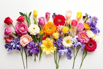 Colorful flowers arrangement on white background.